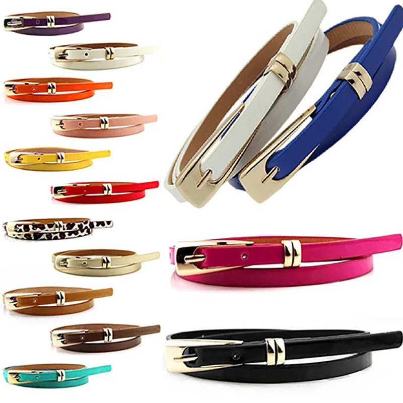 belts for women Fashion Candy Color Faux Leather Buckle Skinny Belt