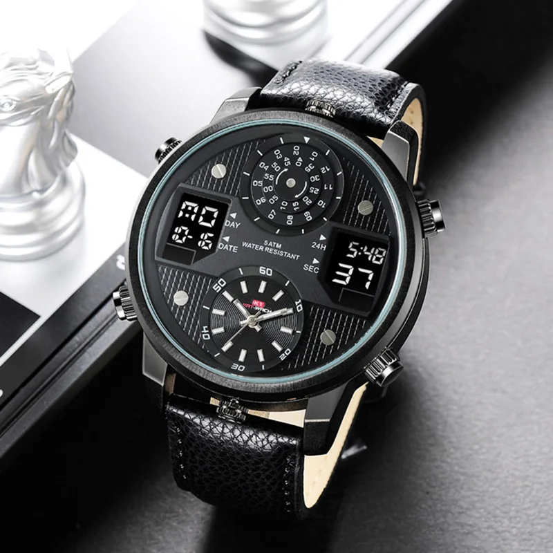 

2019 Big Dial Black Dual Display Army Man Watches Leather Band Steel Men Male Quartz Watch Wristwatches Clock waches men whatch