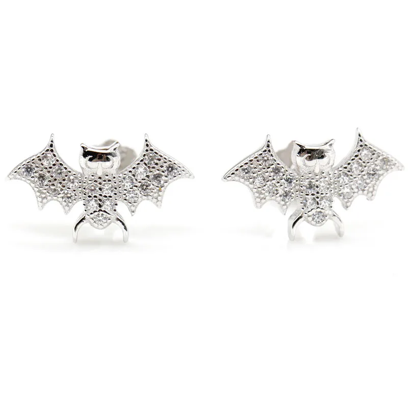 925 Sterling Silver Stud Earrings Small Bat Clear CZ Cute Animal