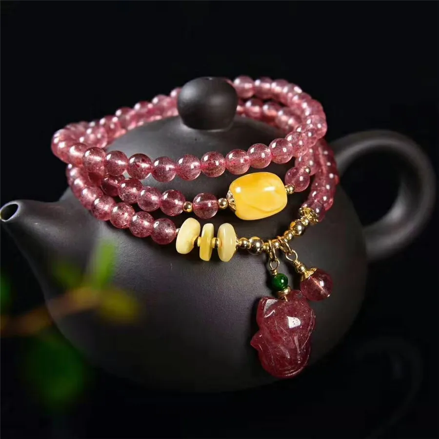 

6mm Charm Fashion Genuine Natural Red Ice Strawberry Quartz Crystal Round Bead Stretch Bracelets 18Kpearl