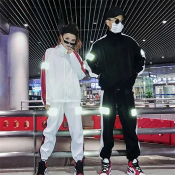 

Couples Clothes Fashion Ulzzang Reflective Tracksuits 2 Pcs Sets Casual Two Pieces Jacket and Pants Sets Women Luminous Outfits