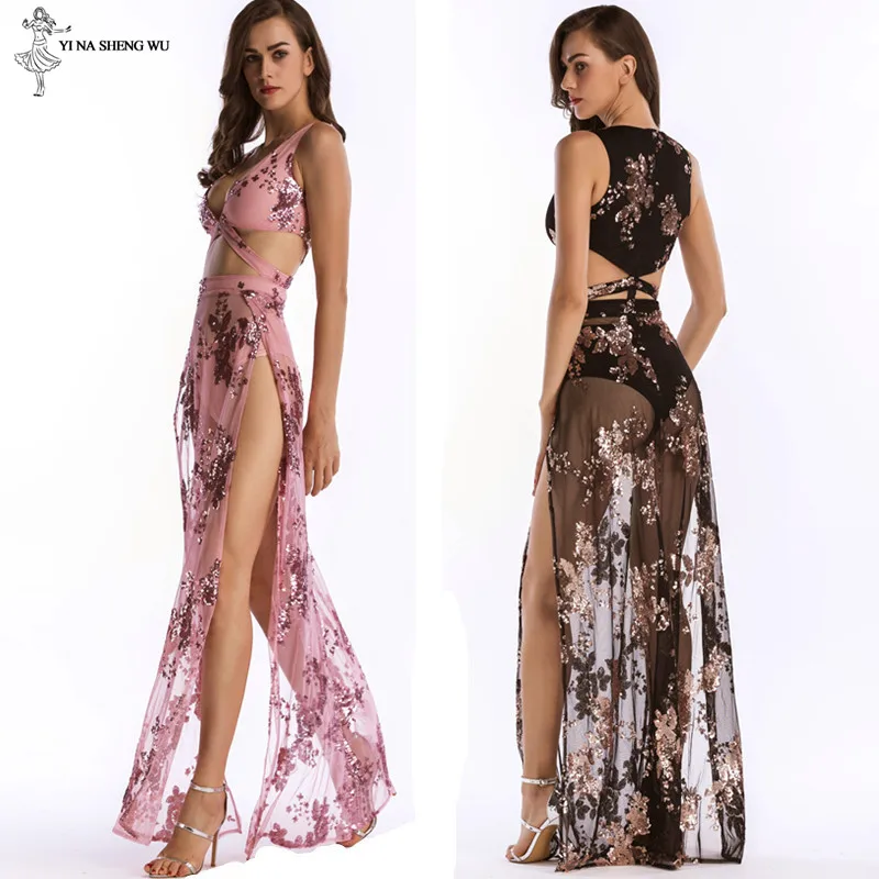 Adult Women new party sequin backless long dance dress lady translucent dress slit dresses female Rave Clubwear Ballroom Dresses