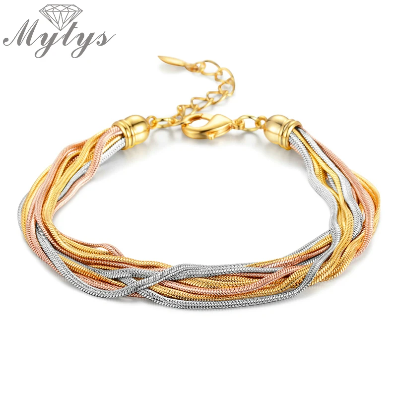 Mytys золотые, серебряные, розовые, золотые Многослойные браслеты для женщин, три тона, золотой Змеиный модный браслет-цепочка B1150