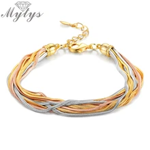 Mytys золотые, серебряные, розовые, золотые Многослойные браслеты для женщин, три тона, золотой Змеиный модный браслет-цепочка B1150