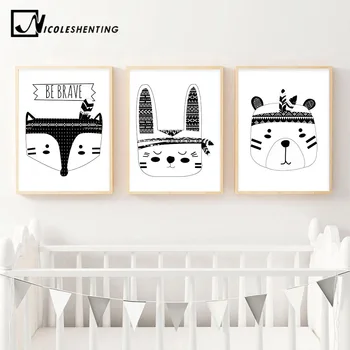

Tribe Bear Fox Head Wall Art Canvas Poster Black White Woodland Animal Nursery Print Painting Nordic Picture Kid Room Decoration