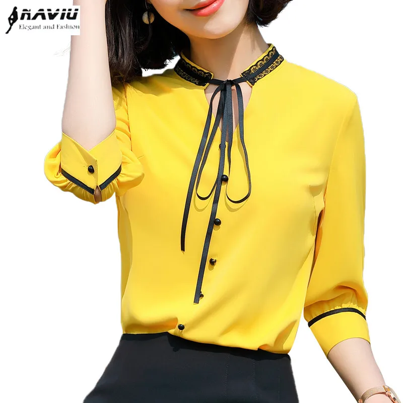 

Naviu new fashion yellow blouse women 2019 summer top half sleeve shirt for office ladies formal workwear blusas
