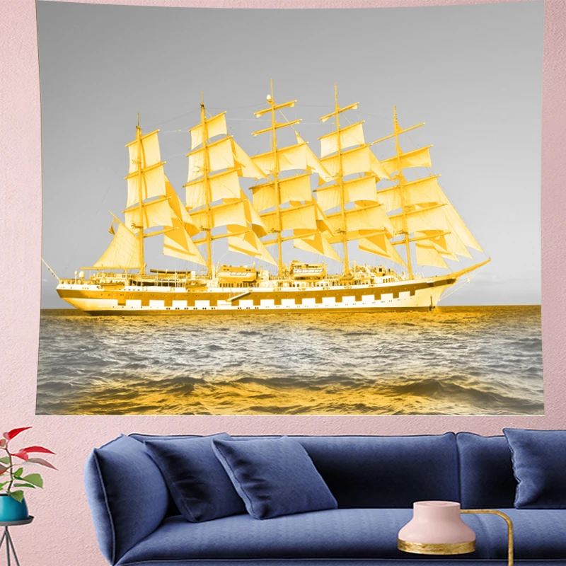 

GN.PAPAYA Golden sailboat wall hanginglandscape wall hanging kids room tapestry Wall Tapestry Hanging Home Decor
