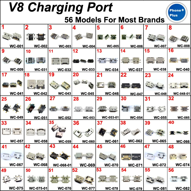 

56Models 112PCS V8 5Pin Charging Port Connector Jack Plug With Gift For Cellphone Compatible models All brands
