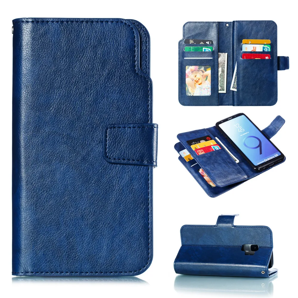 Чехол-книжка с 9 отделениями для карт для Samsung Galaxy S7 Edge S8 S9 Plus A3 A5 A6 A8 Plus кожаный чехол-книжка - Цвет: Blue