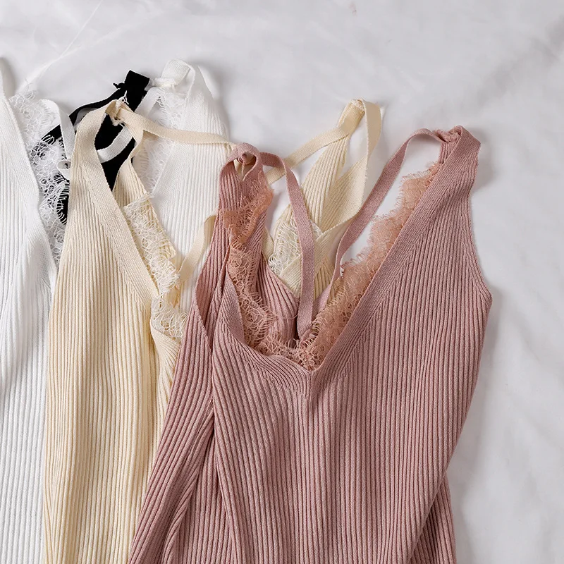 

Knitted Lace Camis Tops Cross-slim Ice Silk Backless Sexy Top 2019 Sleeveless Top Women V Neck Casual Patchwork Summer Tops
