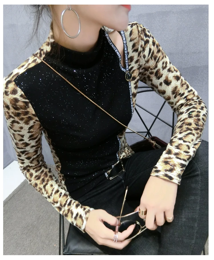 Лоскутная леопардовая футболка, пуловер, новинка, весна-осень, для женщин, расшитая блестками, джемпер, водолазка, футболки, одежда T91801