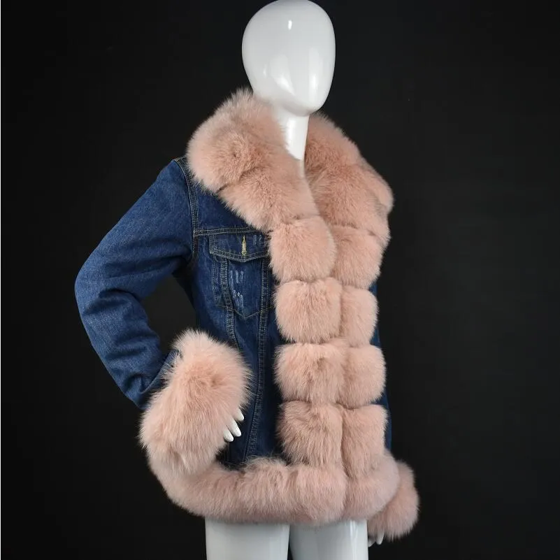 

2018real fox fur denim jacket detachable jacket denim street spring women's natural jacket with fur warm park with fur