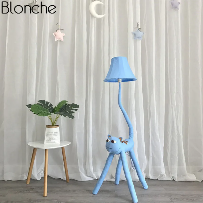 Современный мультфильм животных Торшер для детской комнаты спальни тканевые абажуры подставка светодиодный абажур светильник домашний декор - Цвет абажура: Blue Cat