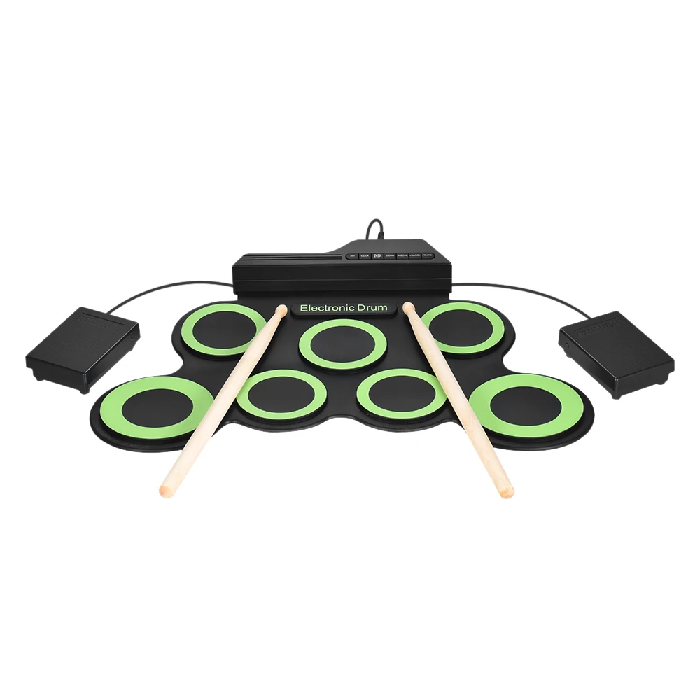 Портативный электронный барабан цифровой рулон барабана комплект 7 силиконовых барабанов колодки с питанием от USB барабанные палочки, ножные педали 3,5 мм аудио кабель