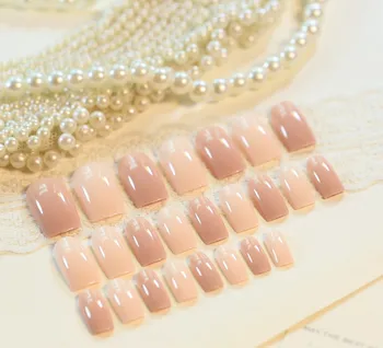 

24pcs Full Cover Self-Adhesive Fake Nail Polish Tips Pink Glued False Nails Pure Color French Manicure Nails