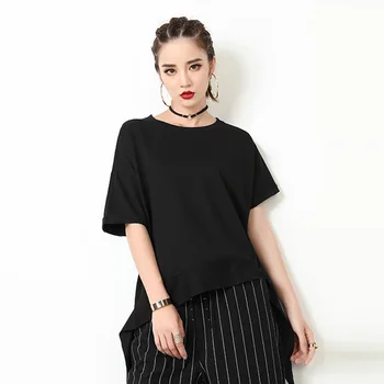 

Women Summer High Street Fashion O Neck Half Short Sleeve Asymmetrical T Shirt Tops Female Casual Loose Personality Shirt Tees