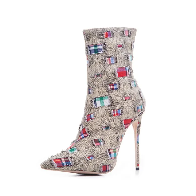 

Fashion Denim Short Boot Pointed Toe High Heel Patchwork Boots Autumn Thin Heels Shoes Sexy Dress 12 cm Party Shoes