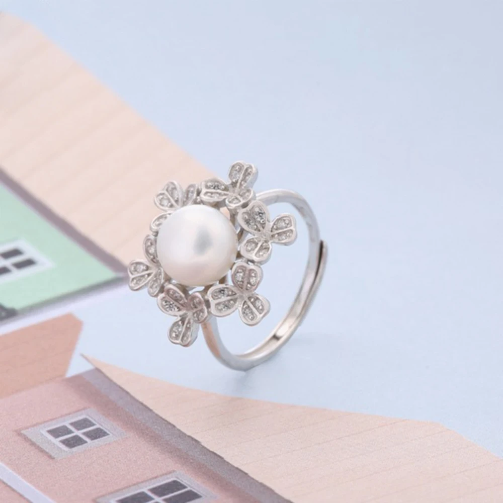 

Sterling Silver Pearl Ring Woman Adjustable Pearl Ring Mounts Accessory Fit 8-10mm Bead Sweet Inlaid Zircon Flower Ring