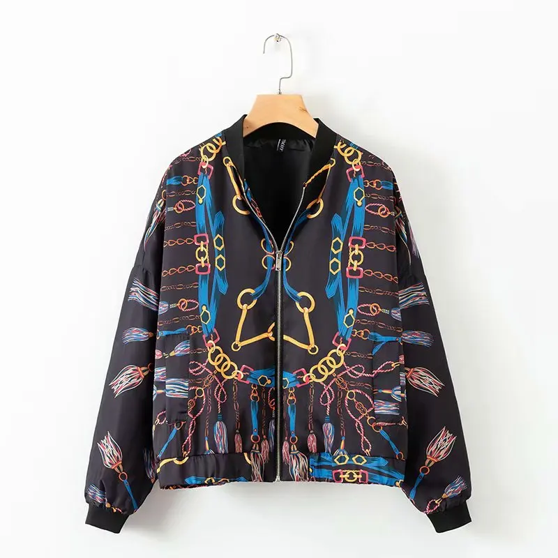 

2018 Women Vintage chains print loose jacket ladies pockets long sleeve casual flight jacket stand collar outwear Coat CT128