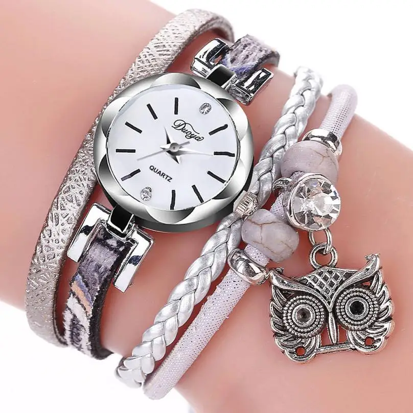 Женские наручные часы bayan kol saati из искусственной кожи, браслет с намоткой, кварцевые наручные часы в народном стиле с серебряной указкой в виде совы, женские часы - Цвет: siliver