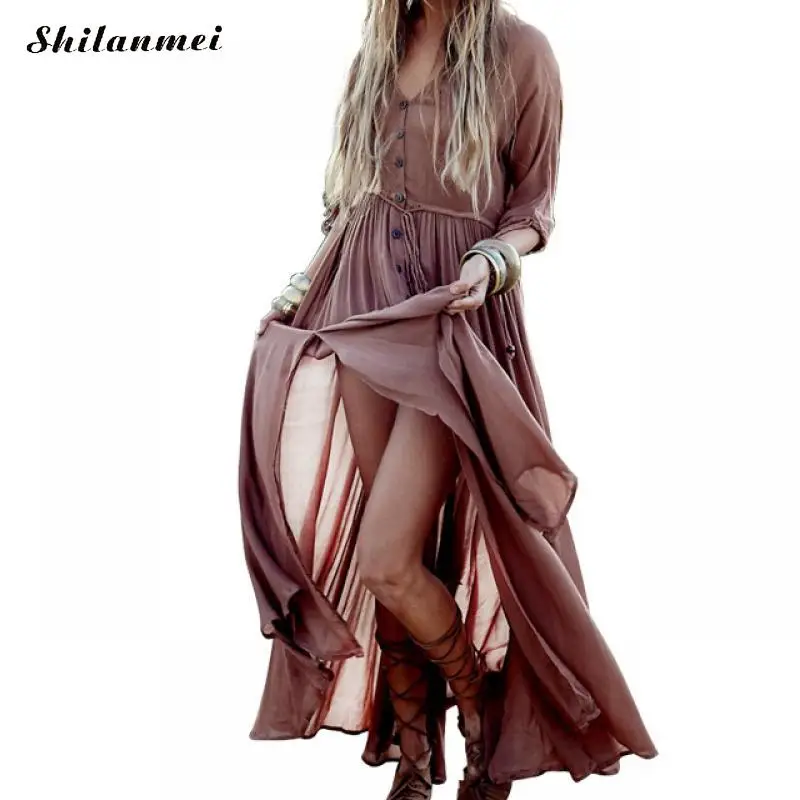 

Solid Brown Waist-Controlled Slim Long Women Dresses Summer Boho Beach Lace Up Maxi Dresses Trendy Sundress Feminine Vestidos