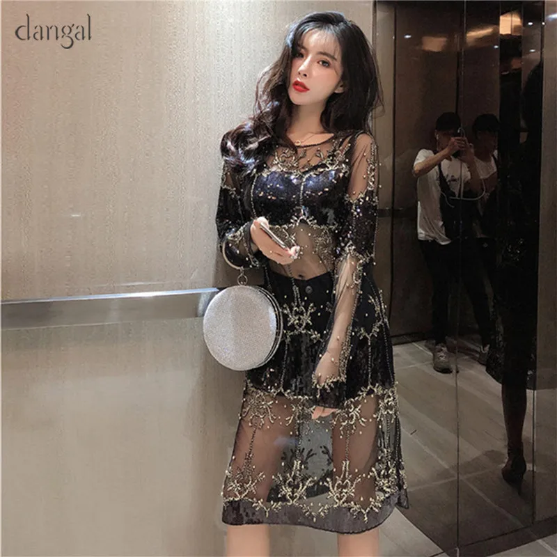 Dangal Sequin Luxury Women Dress Hip Hop Bling Heavy Beading Dress Women Dress Long Sleeve Sexy See-though Dresses For Party