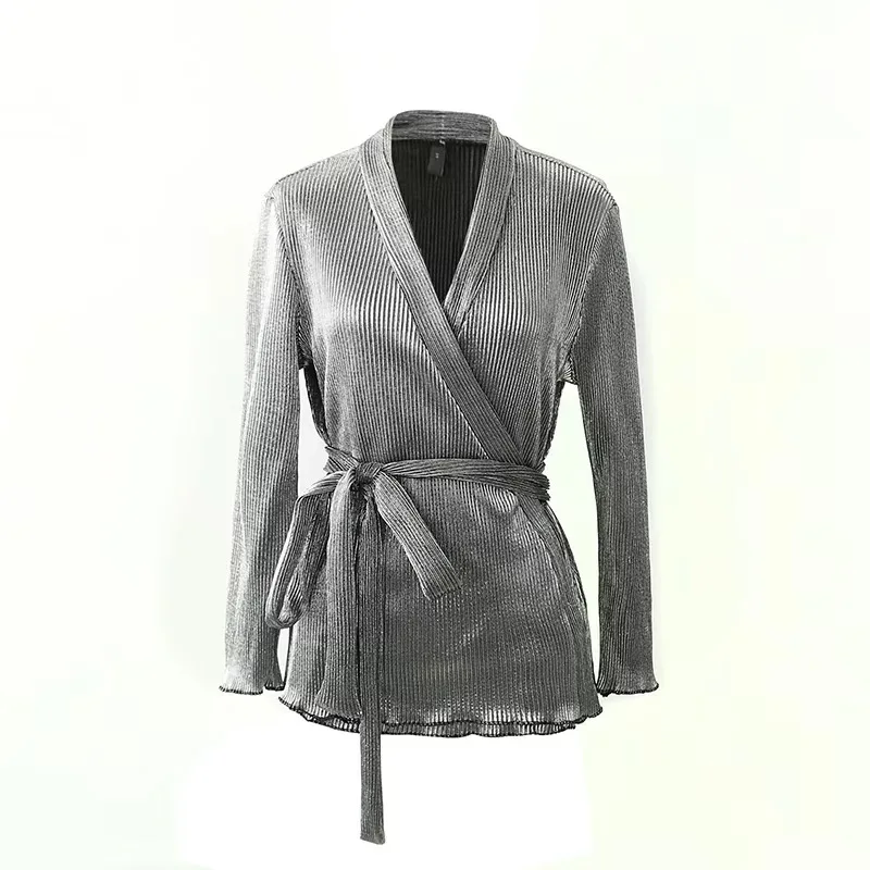 Metallic Silver Lurex Blouse Shirt Sexy Women V neck