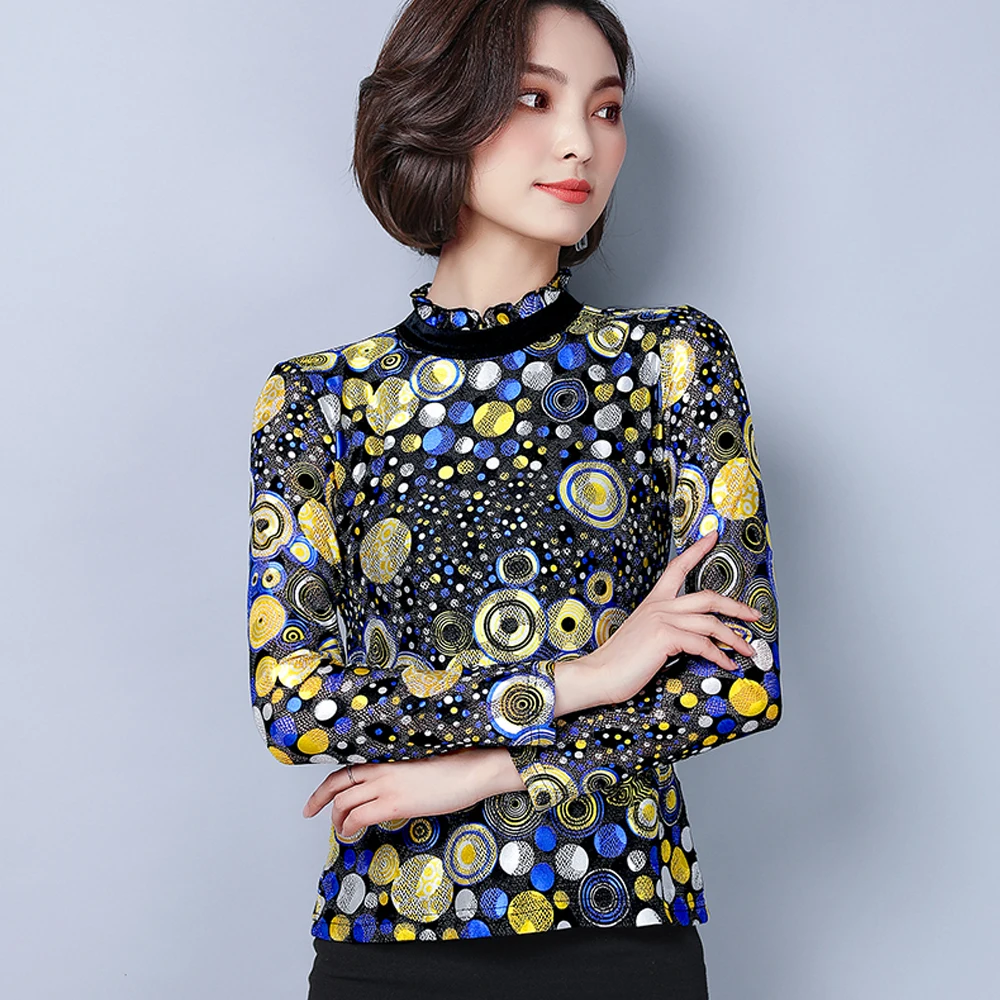 

Women's mesh bottoming shirt 2019 autumn floral printed tops elegant ruffled stand collar casual pullover shirts