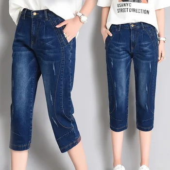 

Large Size 5XL Denim Breeches Jeans Summer Woman's Jeans Mom Loose Stretch Calf Length Harem Pants Woman