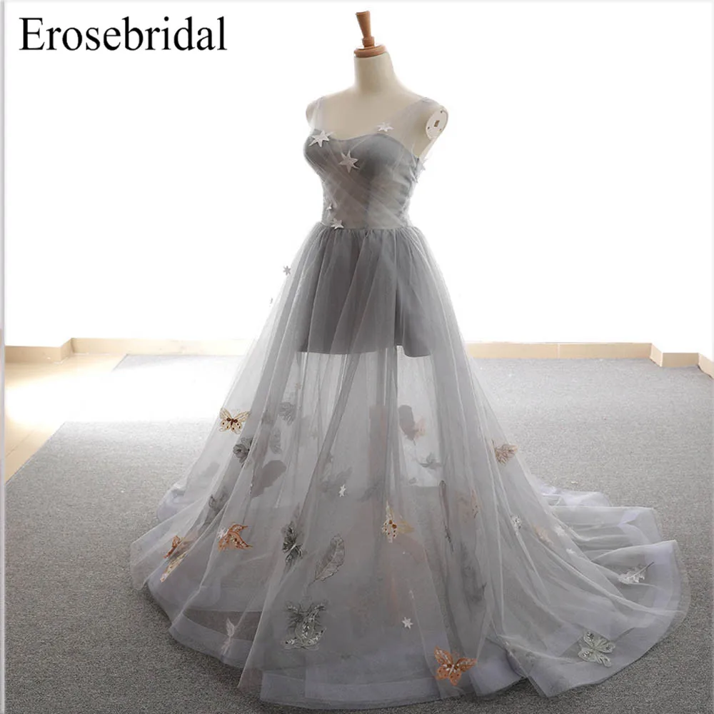Simple Tulle Grey 2019 Evening Dress Long A Line Sexy Illusion Bodice Elegant robe de soiree Lace Up Back Vestido De Festa Simple Tulle Grey 2019 Evening Dress Long A Line Sexy Illusion Bodice Elegant robe de soiree Lace Up Back Vestido De Festa