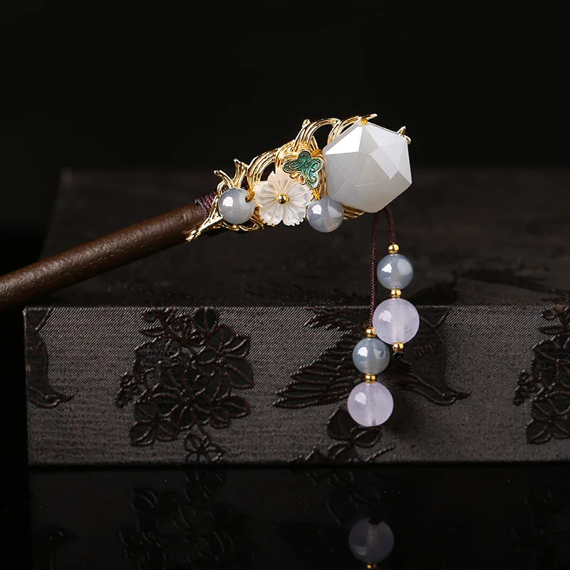 

Chinese style vintage white stone tassel handmade wooden hairpin hair sticks Hair accessories Headwear for kimono COSPLAY