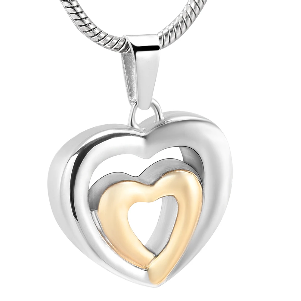 Double Heart Cremation Jewelry Urn Pendant Necklace Stainless Steel