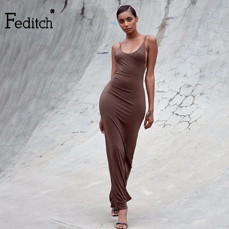 

COSYGAL Sexy Spaghetti Strap Backless Long Dress Women Elegant Backless Party Dress Solid Brown Red Maxi Dresses Vestidos