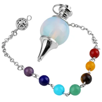 

SUNYIK 1Lot (5Pc) Opal Opalite Stone Ball Pendulum with 7 Chakra Chain Reiki Healing Point Dowsing