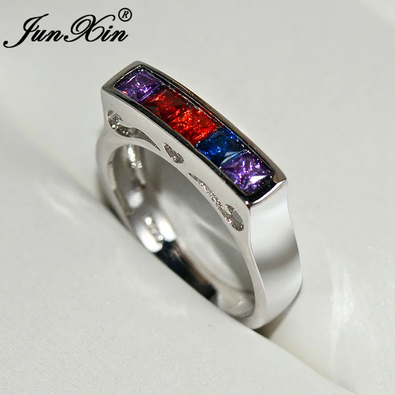 JUNXIN однорядные радужные кристаллы Кольца для женщин серебряного цвета небольшой квадратной формы с цирконом камень обручальные кольца ювелирные изделия