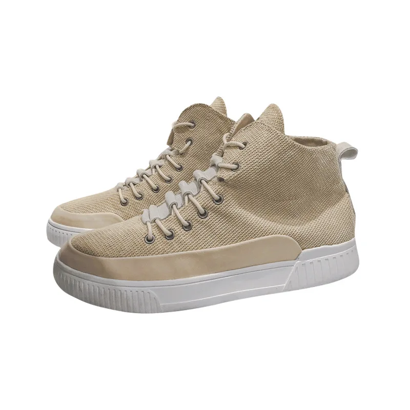 

Fashion Leisure Men Canvas Shoes Solid Sewing Lace-up Flat Vulcanize Shoes Summer High Top Breathable Boys Sneakers