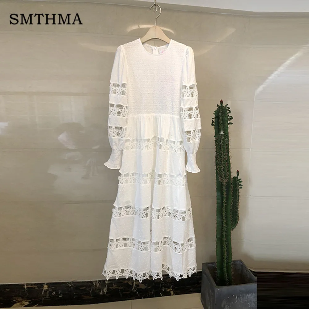 

SMTHMA Spring Runway Designer Maxi Long Dress Women Vintage Elegant Long Sleeve White Hollow Out Patchwork Dress 2019