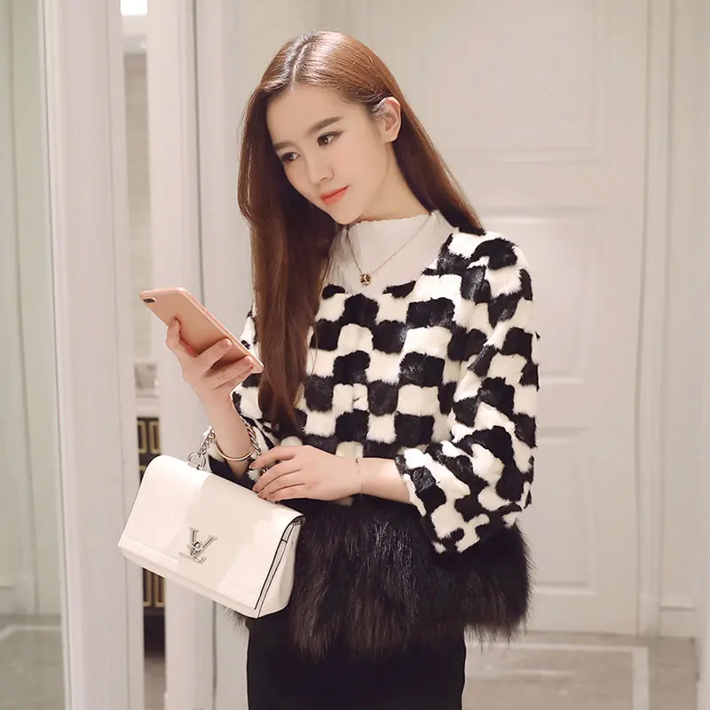 Natural Mink Fur and Raccoon Dog Fur Patchwork Fur Coats Outerwear Women Fashion Elegant Real Fur Jackets 2018 Autumn Winter