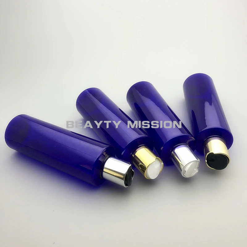 

BEAUTY MISSION 250ml 24 pcs/lot blue empty plastic shampoo PET bottle with gold/silver disc top cap, cream/essential oil bottle