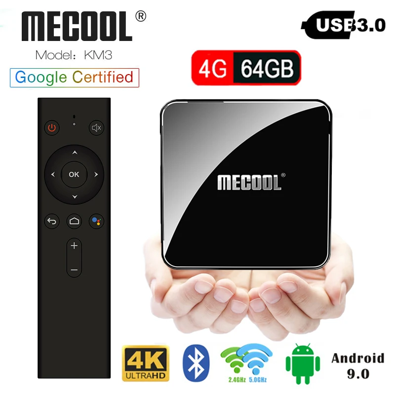 

Android 9.0 Mecool KM3 Smart TV BOX 4G RAM 64G ROM Amlogic S905X2 Google voice control 2.4g/5g wifi Support 4K HD set top box
