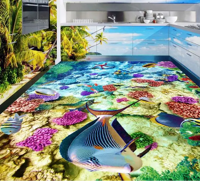 

custom 3d flooring Undersea tropical fish 3d floor murals adhesive wallpaper 3d floor painting pvc vinyl flooring