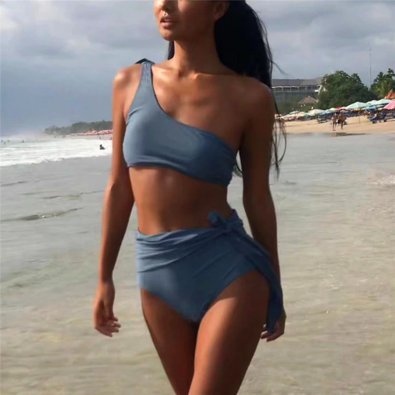 

2019 Sexy Women solid color high waist bikini one shoulder high waist bathing suit two pieces bandage high waisted swimwear