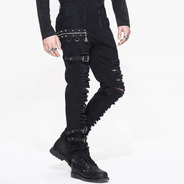 Весенне-осенние черные брюки-карандаш с дырками, мужские европейские повседневные узкие уличные панковские брюки, черные обтягивающие брюки