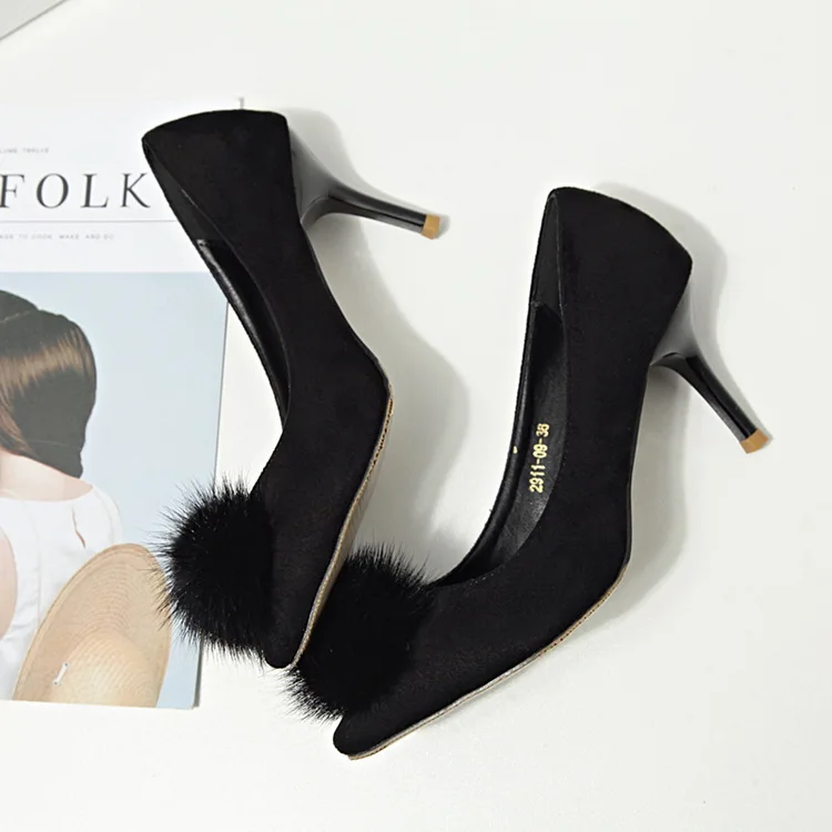 LALA IKAI Fur Pompon Decoration Women's Heels 2017 Fashion Flock 2017 Women's Pumps Wedding Shoes 040C0922-4 (3)