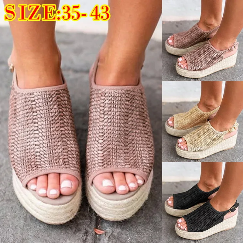 

SLHJC Women Sandals High Wedges Sandals Hemp Straw Platform Elevator Plus Size Peep Toe Pumps Shoes Buckle Cozy Summer Sandals