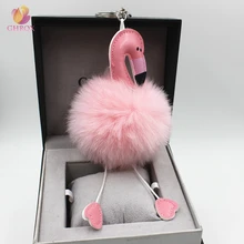 2017 Hot Sell Pompom Flamingo Keychain Lovely Key Chain Animal Bird Fluffy Artificial Rabbit Fur Ball Women Car Bag Key Ring