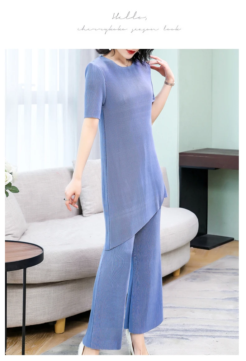 FREE SHIPPING Miyak Fold short sleeve o-neck long t-shirt two-piece women fashion wide-legged pants solid suit IN STOCK