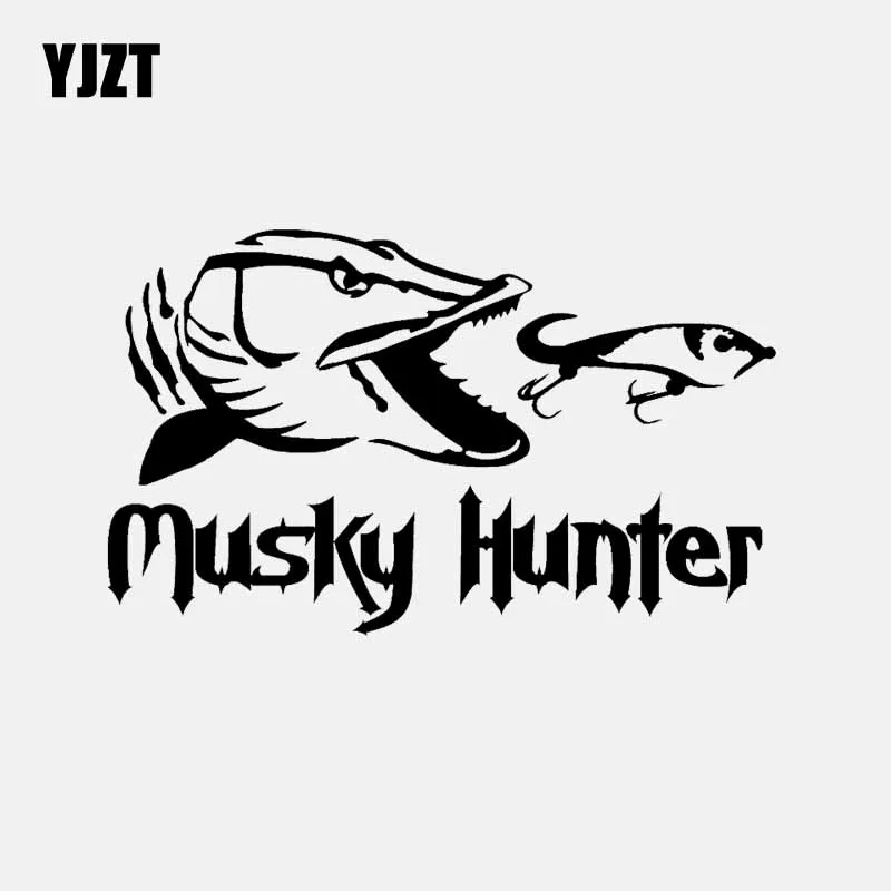 

YJZT 16.3CM*9.9CM Vinyl Car Stickers Fishing Musky Hunter Cartoon Fish Decal Black/Silver C24-1054