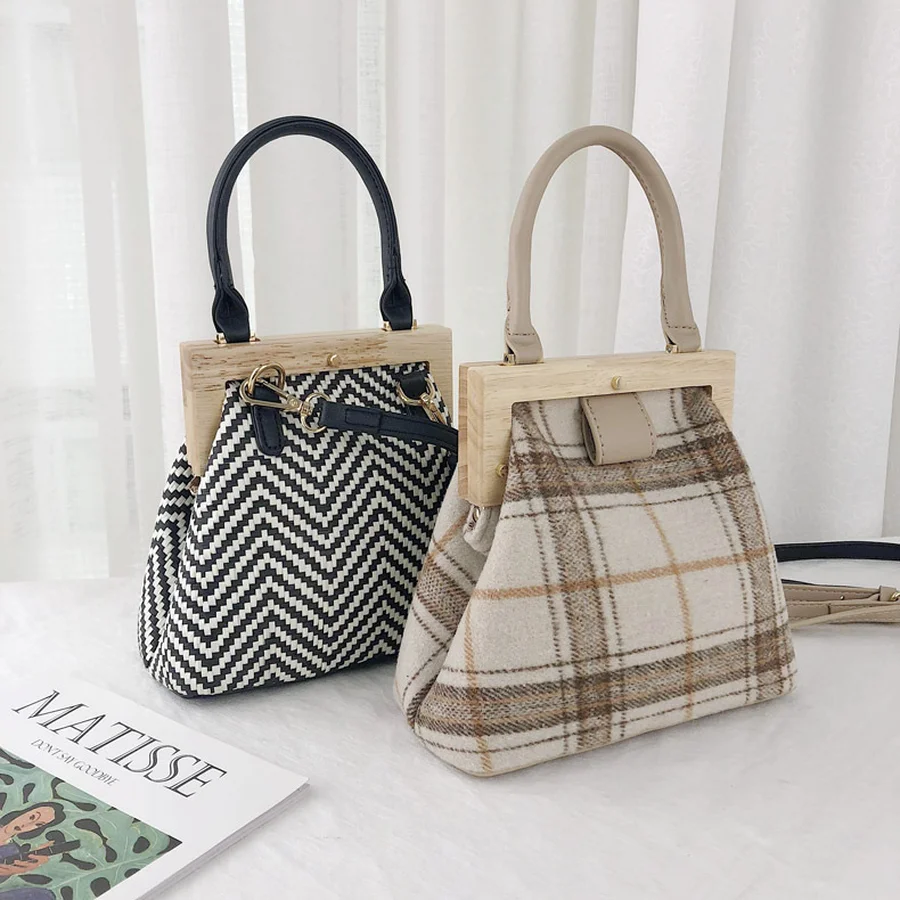 

Vintage Woolen Wood Clip Bag Top Handle Women Handbags Retro Shoulder Messenger Bag Designer Crossbody Bags Purse Lady Hand Bags