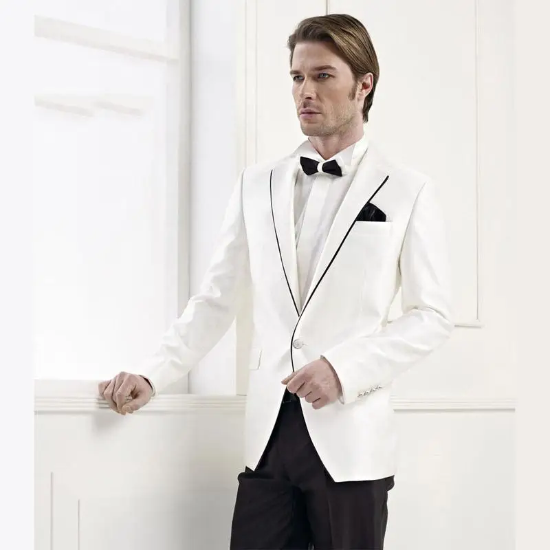 Newest Arrival Handsome White Tuxedos Jacket Black Lapel Ivory Wedding